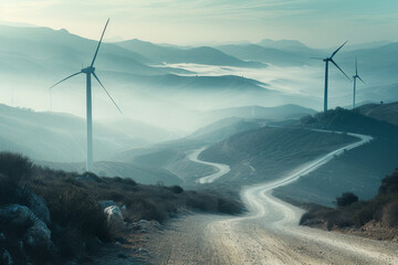 Image of road going down wind turbines in mountainous landscape.
