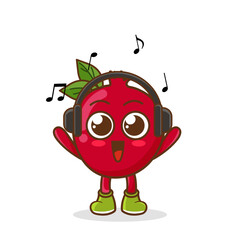 Cute cartoon pomegranate character listening to music and enjoy. Vector character illustration icon isolated on white. pomegranate Fruit cartoon mascot character Listening music on a headset