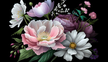 Romantic bouquet of vivid pastel flowers on black background. For Mother's day, Birthday greeting banner, card. Lilac and pink peonies, white cosmos and purple flowers. Generative AI.