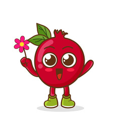 Cute cartoon pomegranate fruit character holding flower