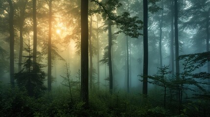 Mystic morning, a forest in a symphony of soft light and lingering mist. Trees stand like ancient sentinels, their silhouettes softened by the ethereal glow. 