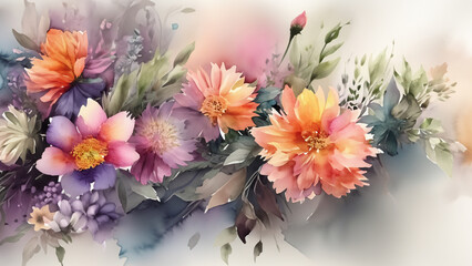 Delicate, colorful water-color wallpaper with beautiful spring flowers. Illustration 4K