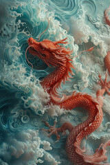 A red chinese dragon in front of cloudy light blue sea