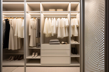 Modern white walk in closet, minimal walk in wardrobe interior design.