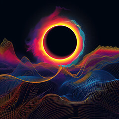 A visual representation of a synesthetic experience during a solar eclipse, where colors and shapes dance in response to the celestial event. 