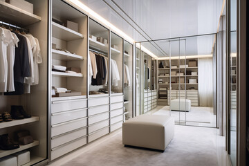 Walk in closet interior design, modern luxury and minimal style white walk in wardrobe dressing room.