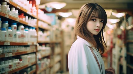 Beautiful asian woman shopping in drugstore, lifestyle people concept