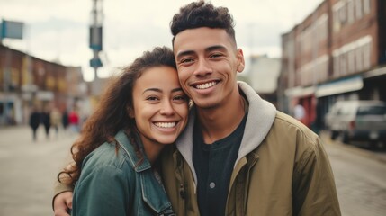 Portrait of happy mixed race couple looking at camera and smiling while standing outdoors