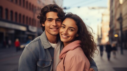 Beautiful young couple is hugging and smiling while walking in the city