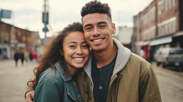 Portrait Of Happy Mixed Race Couple Looking At Camera And Smiling While Standing Outdoors