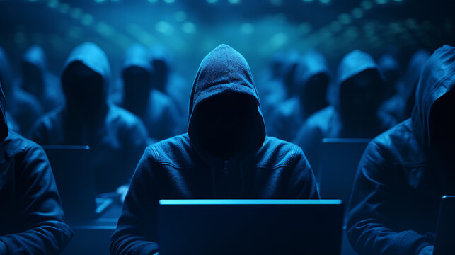 Group of hackers or scammers using laptop computers doing cyber warfare on dark technology background, phising, cyber attack and cybercrime concept.