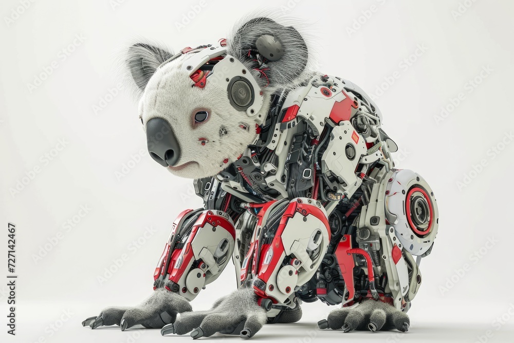 Fototapete Conceptual image of a roboticized koala with technological augmentations and robotic enhancements, showcased against a clean white setting Generative AI