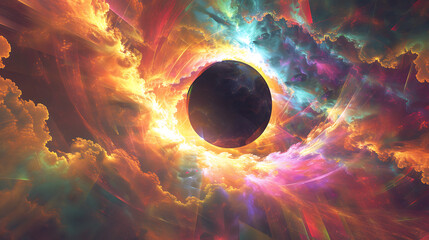 A visual representation of a synesthetic experience during a solar eclipse, where colors and shapes dance in response to the celestial event. 