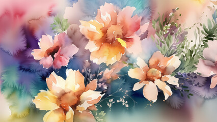 Delicate, colorful water-color wallpaper with beautiful spring flowers. Illustration 4K