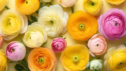 Many colored ranunculus on light yellow backgroud, flowers background, wallpaper of ranunculus, card of Women International Day, closeup