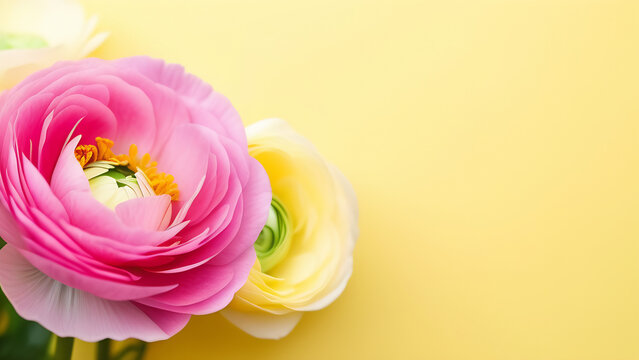 Many colored ranunculus with free space for text on light yellow background, wallpaper of ranunculus, card of Women International Day, closeup