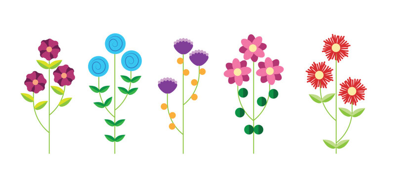 Set of Abstract Meadow Flowers Flat Style. Plants and nature concept vector art