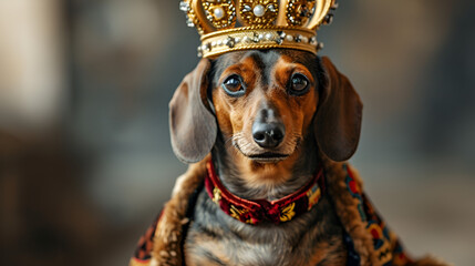 Dachshund dog dressed as a king with crown , pet treated like royalty, generative ai - obrazy, fototapety, plakaty