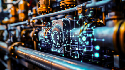 Naklejka premium Futuristic industrial machinery with a digital interface overlay on pipes, representing advanced manufacturing technology.