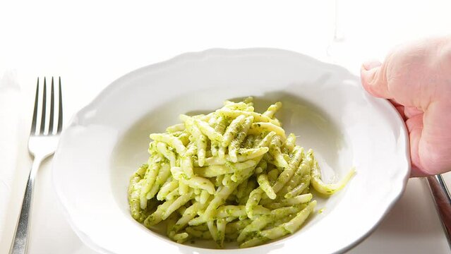 Trofie fresh homemade pasta pesto tipical Italian gourmet food Liguria