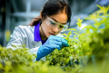 Female scientist in lab coat carefully examining plants in a modern agricultural research laboratory.