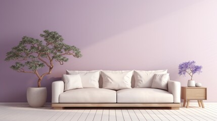 Clean and serene room design with a pastel lavender wall, bare wall, a stylish cream-colored sofa,...