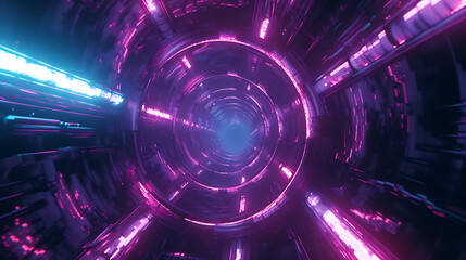 A tunnel of shifting dimensions, with neon lights guiding a journey through the fabric of spacetime
