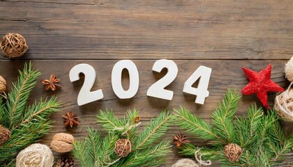 2024 christmas or new year minimalistic composition holidays card on wooden background zero waste decorations sustainable lifestyle natural elements