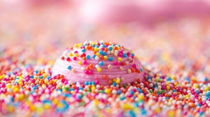 Fototapeta na wymiar Colorful Sprinkles Pink Birthday Cake Background Closeup Rainbow Nonpareils