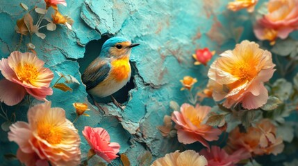 Obraz na płótnie Canvas robin bird on branch with flowers