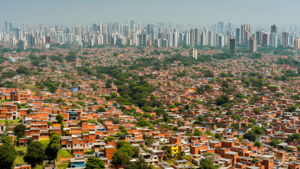 Aerial view of a crowded urban cityscape with dense housing and a contrasting distant skyline.