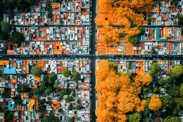 Aerial shot of a vibrant cityscape with colorful buildings and trees lining the streets.