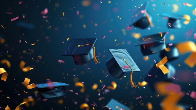 Group of Graduation Caps Flying Through the Air