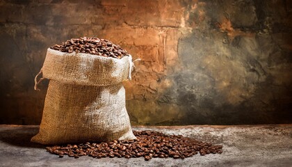 fresh old sack of coffee grains and brown old wall background