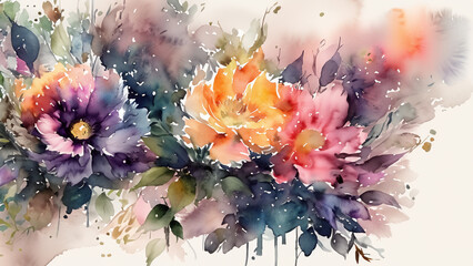 Delicate, colorful water-color wallpaper with beautiful spring flowers. Illustration 4K