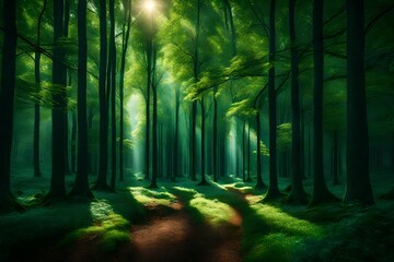 A picturesque display of a tranquil forest featuring long green trees, the HD camera capturing the enchanting scenery and the interplay of light and shadow in stunning