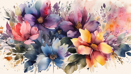 Delicate, colorful water-color wallpaper with beautiful spring flowers. Illustration 4K
