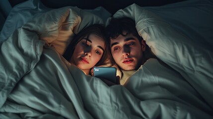 Couple hiding under blanket talking and surfing internet with smartphone late at night in bed