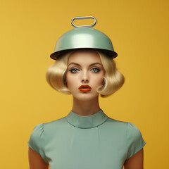 mannequin with a Lid of the pot hat.Minimal creative fashion concept.Copy space,top view.Generative AI