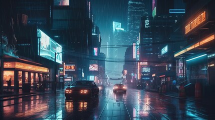 A futuristic cityscape at night featuring holograph