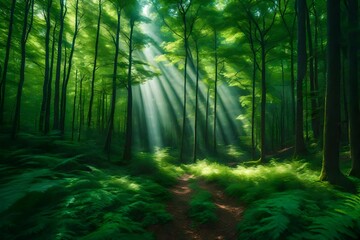 A mesmerizing forest scene with towering green trees, captured by an HD camera, the lush canopy and serene atmosphere presented in realistic