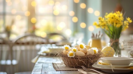 Naklejka na ściany i meble Easter Basket of Eggs on a Wooden Table