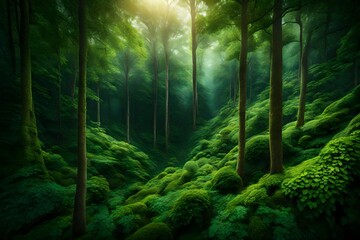 A captivating view of a forest filled with green trees, the high-definition camera highlighting the verdant canopy and tranquil surroundings in mesmerizing