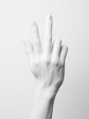White hand with two bent and three extended fingers in close-up.Minimal gesture concept.Top view,copy space,flat lay.Generative AI - obrazy, fototapety, plakaty