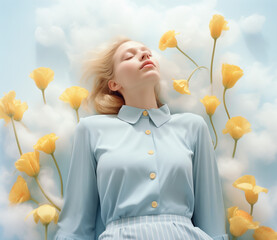  Girl sleeping on clouds with flowers.Minimal creative nature concept.Flay lay,top view,copy space.Generative AI