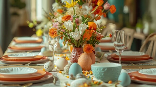 Easter Table Set With Vase of Flowers and Plates