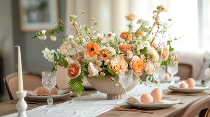 Easter Table With Vase of Flowers and Eggs