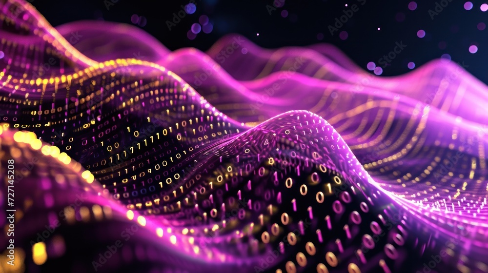 Aufkleber digitally generated image of abstract flow data made of glowing purple and yellow numbers and curves