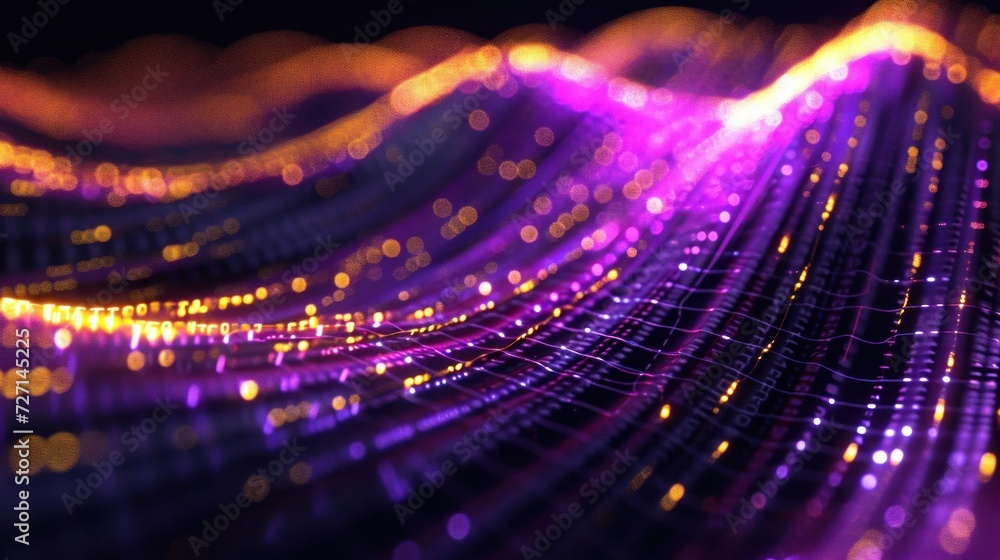 Aufkleber digitally generated image of abstract flow data made of glowing purple and yellow numbers and curves