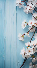 Spring white flowers  on pastel blue wooden background.Minimal nature and Trendy social mockup or wallpaper concept.Flat lay,top view,copy space.Generative Ai